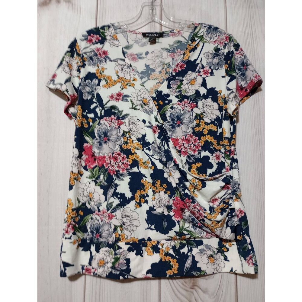 2 For 30 Roz and Ali Shirt Ladies Lg Petite Navy Floral Short Sleeve Faux Wrap